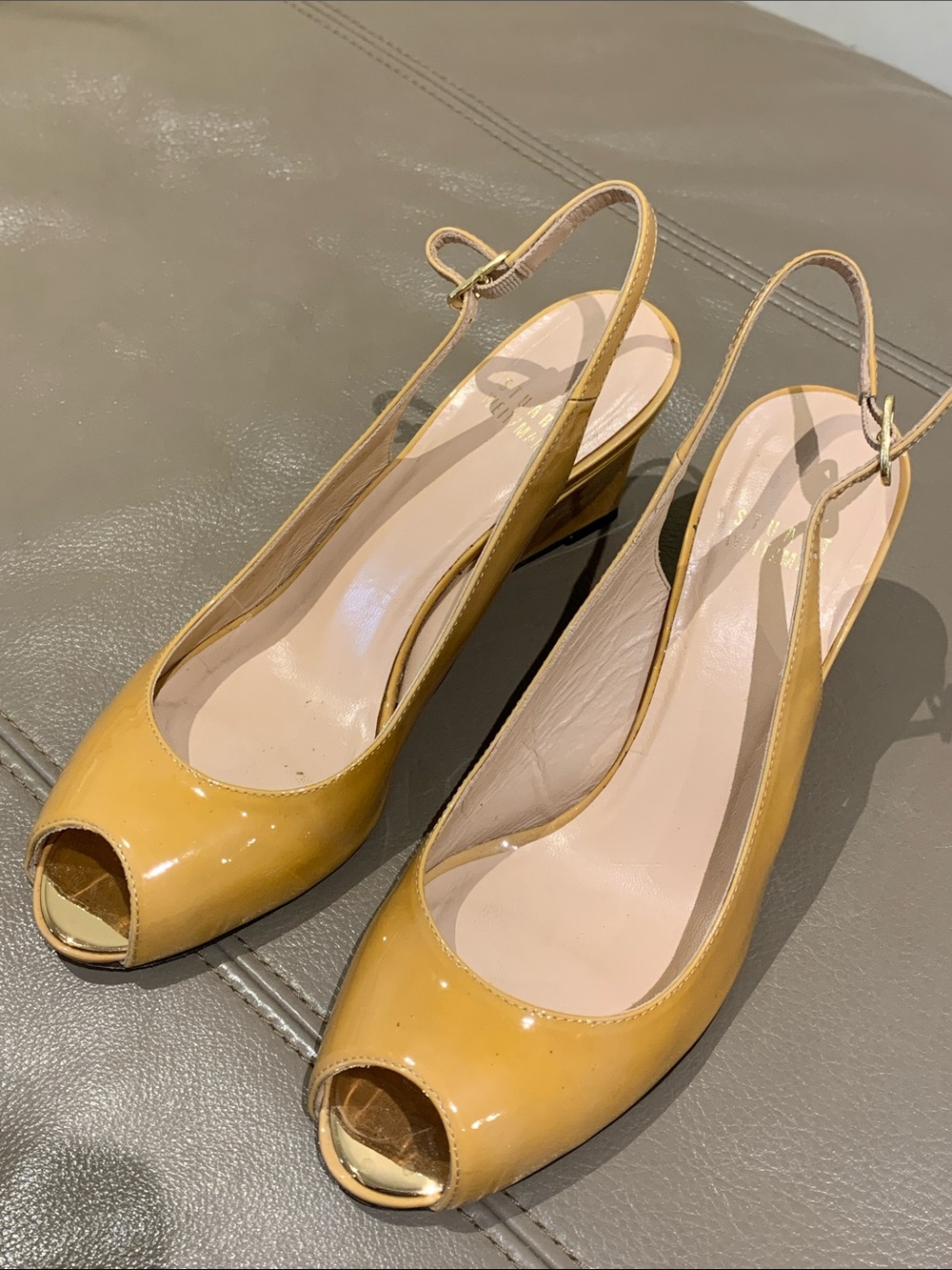 Stuart Weitzman Yellow Patent Leather Peep-Toe Slingback Heels